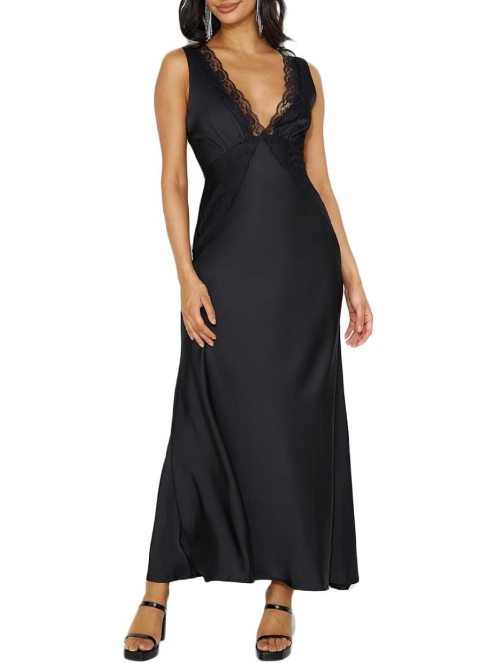 Elegant Summer Satin Lace V Neck Backless Maxi Dress for Wedding Guests